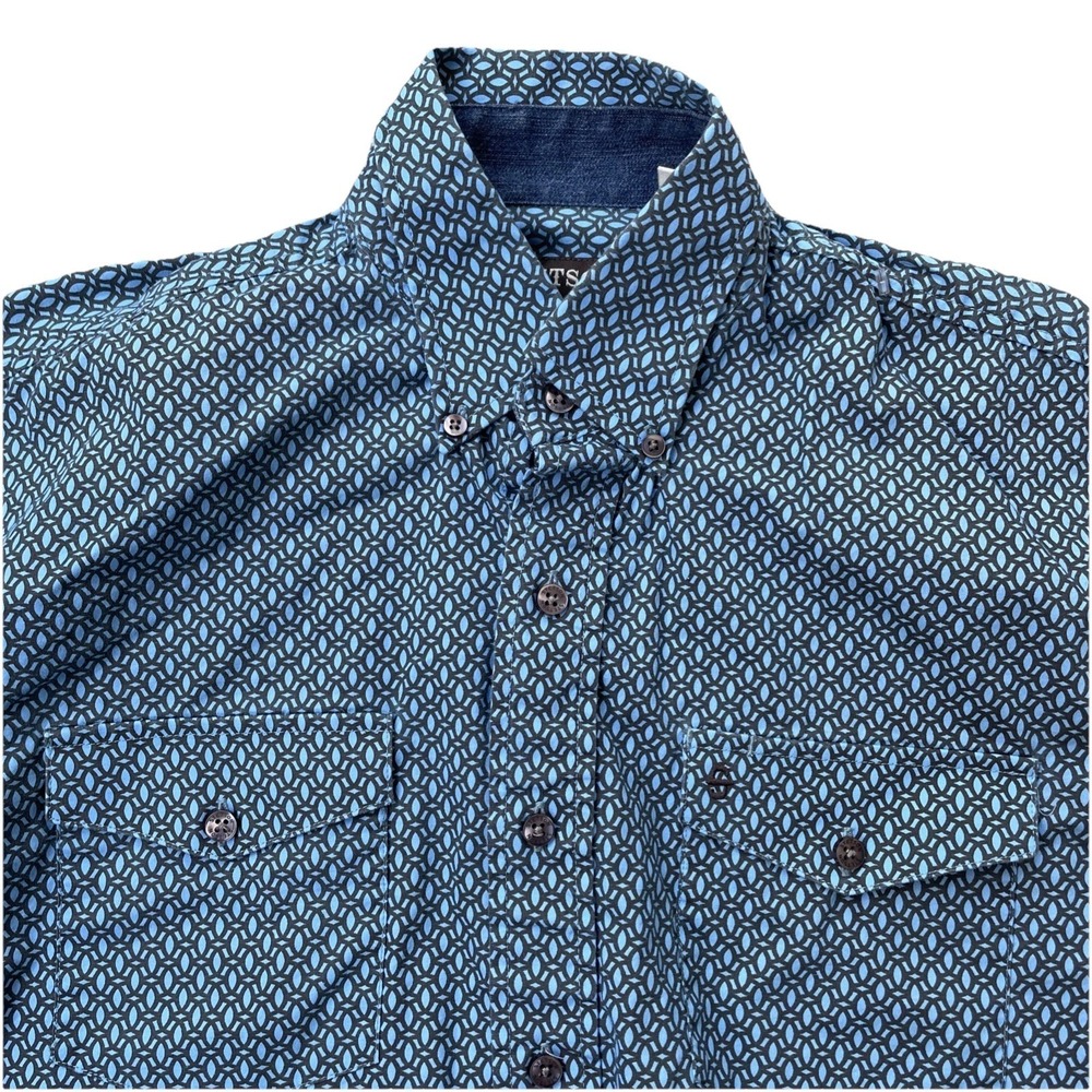Men's Stetson Collared button-down long sleeve shirt, geometric‎ blue print, Med